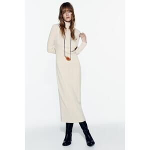 Zara Beige Khaki Tan Long Sleeve Turtleneck Knit Sweater Maxi Dress Size S